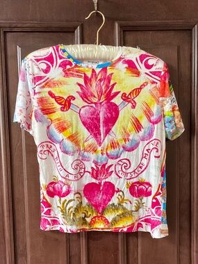 Desigual Multicolor Sacred Heart Graphic Tee in Pink and Yellow